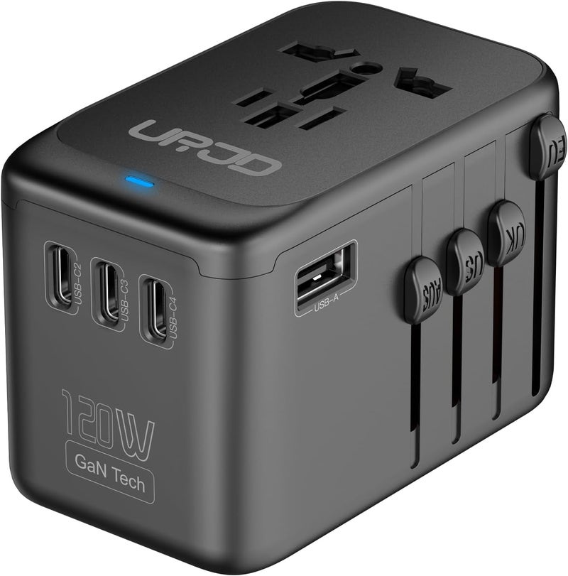URJD Universal Travel Adapter, 120W GaN International Power Plug Adapter, 5 USB Ports & 2500W AC Outlet, All-in-One Travel Charger for 200+Countries, Fast Charging All USB & Dual Voltage Devices - Image 1
